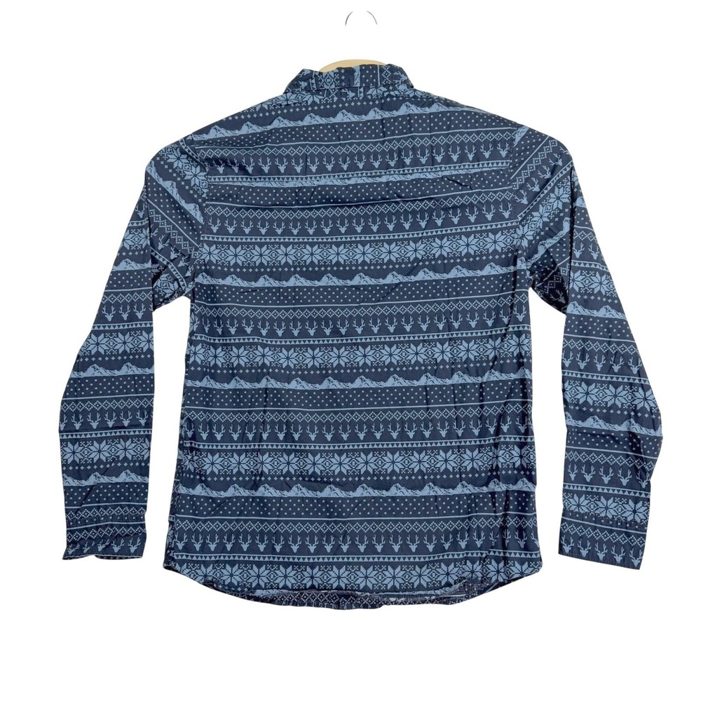 H&M Divided Button Down Shirt Mens Medium Blue Fair Isle Deer Mountain Print - Picture 2 of 5